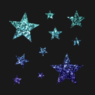 Teal Dark Blue Ombre Faux Glitter Stars T-Shirt