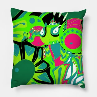 green radioactive dogu knight in mayan pattern tribal mandala art Pillow