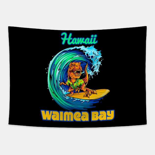 Waimea Bay Hawaii dinosaur surfing Tapestry by LiquidLine