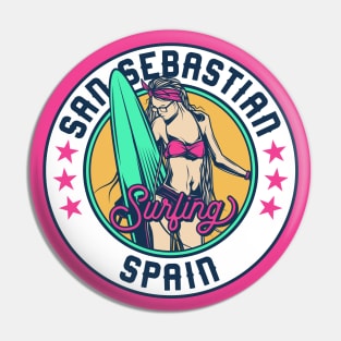 Retro Surfer Babe Badge San Sebastian Spain Pin