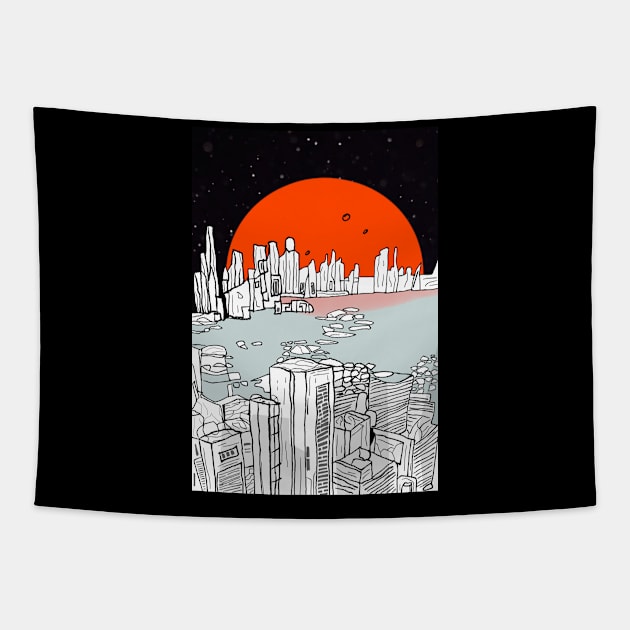 Vintage style alien planet city skyline - orange blue black Tapestry by ManoTakako