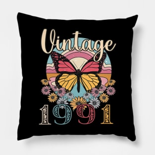 Floral Butterfly Retro Vintage 1991 32nd Birthday Pillow