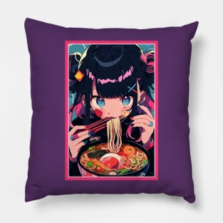 Cute Anime Girl |  Ramen Noodles | Hentaii Chibi Kawaii Design Pillow