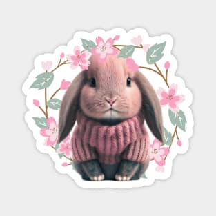 Adorable Baby Bunny in pink wool sweater - crown of charming flowers and leave Magnet