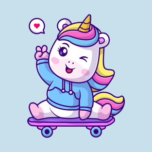 Cute Unicorn Waving Hand On Skateboard Cartoon T-Shirt