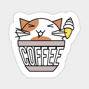 Cat in coffee cup with warped text holding ice cream white and orange Magnet