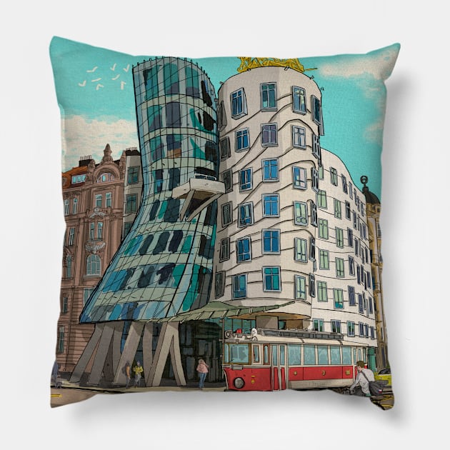 Dancing House Prague Czech Republic Illustration Pillow by Wall-Art-Sketch