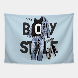 Boy style slogan with denim jacket and jeans Tapestry