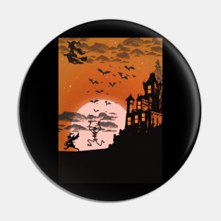 Orange Halloween Silhouette Illustration Pin