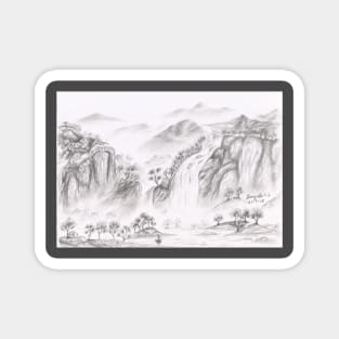 Waterfalls over the mountains pencil sketch Magnet