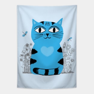 Bright Eyed Blue Kitty With Big Heart In The Garden Tapestry