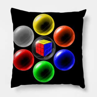 Rubik's Cube in a Glass Ball with Six Surrounding Colourful Glass Balls Pillow