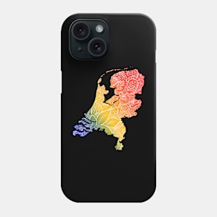 Colorful mandala art map of Netherlands with text in blue, yellow, and red Phone Case