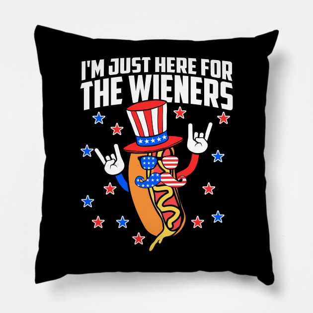 I'm Just Here For The Wieners Hot Dog 4th Of July USA Flag Pillow by artbooming