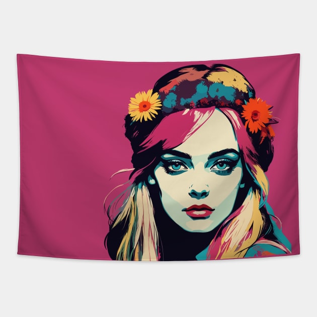 Hippie girl pop art portrait Tapestry by Soovenir