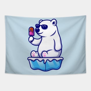 Cute Cool Polar Bear Eating Popsicle On Ice Cartoon Tapestry