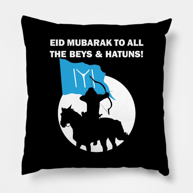 Eid Mubarak Happy Eid al-Fitr al-Adha Kurulus Osman Ertugrul Bey Kayi Flag Drillis Ottoman Empire Turkey Istanbul Gift Pillow by Amazing Arts