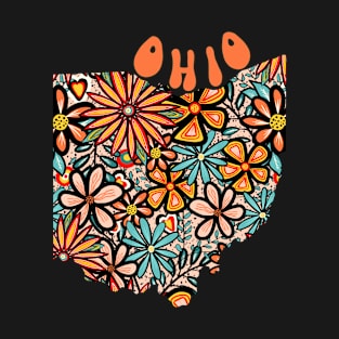 Ohio State Design | Artist Designed Illustration Featuring Ohio State Outline Filled With Retro Flowers with Retro Hand-Lettering T-Shirt