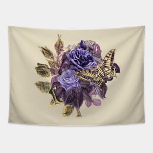 Vintage Purple and Gold Roses with Butterfly on Creamy Beige Tapestry