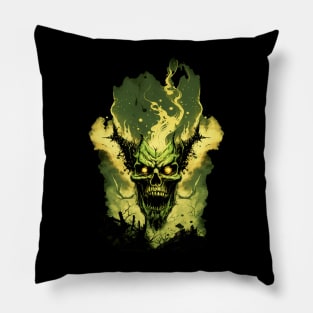 Green Flaming Horror Skull Pillow