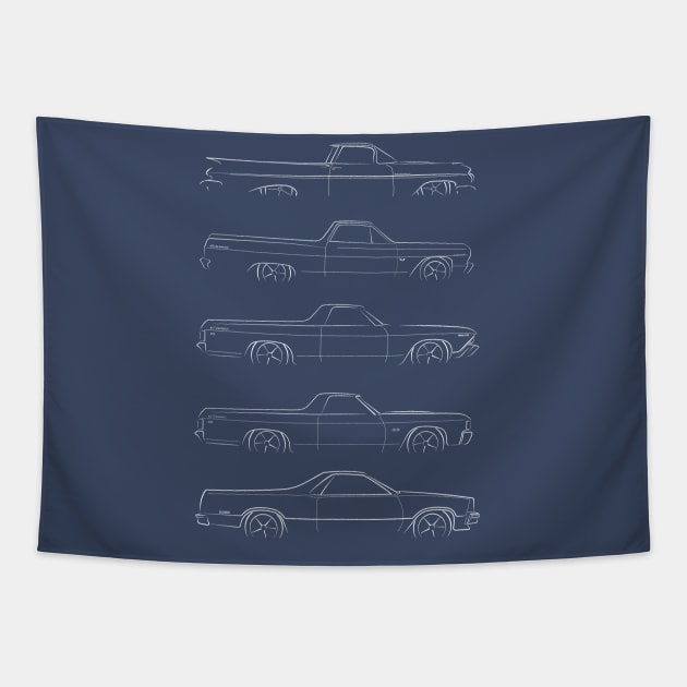 Evolution of the Chevy El Camino - profile stencil, white Tapestry by mal_photography