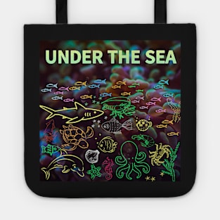 under the sea,blue sea,sea creatures,Turtle, puffer fish, starfish, shrimp, shark, tropical fish, sea horse, seaweed, sardines, squid, crabs, clams Tote