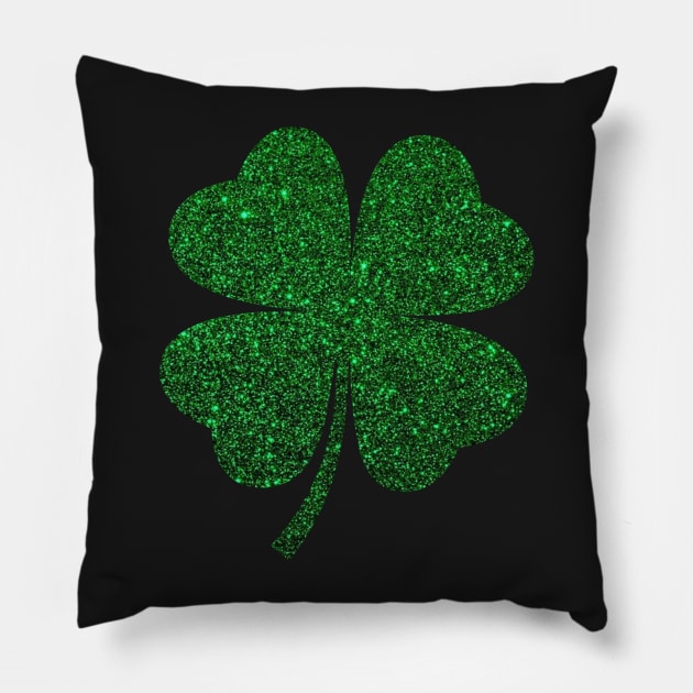 St Patricks Day, Deep Green Faux Glitter 4 Leaf Clover Pillow by Felicity-K