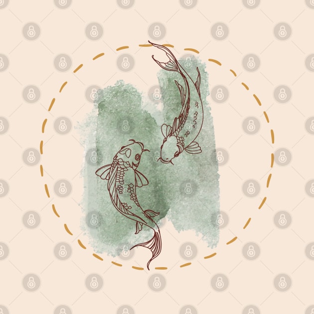 watercolor minimalistic Koi fish in a golden circle by Aesth