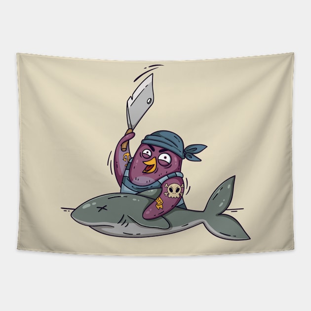 Pirate penguin cut shark Tapestry by Mako Design 