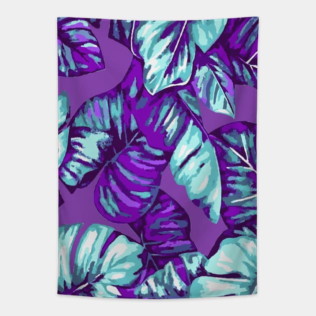 Tropical Leaves Of Banana and Monstera Purple Aqua Cut Out Tapestry by taiche