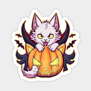 cute white cat wearing dracula costume with a halloween pumpkin Magnet