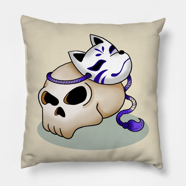 Skull and Kitsune Mask Pillow by WOODDIOS