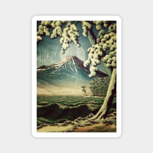 5 Lakes at Moonlight - Winter Mountain by the Ocean Ukiyoe Nature Landscape in White and Blue Magnet