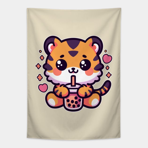 Baby Tiger Drinking Bubble Tea Kawaii Wild Animal Tapestry by Cuteness Klub