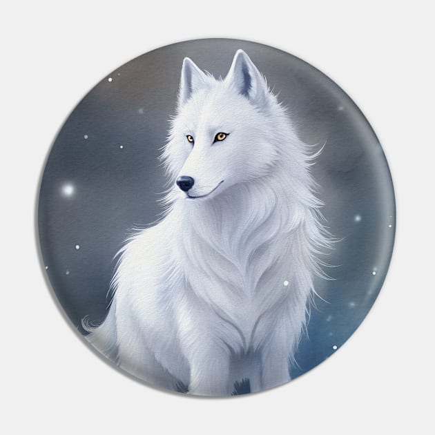 Funny White Wolf Hunting Ground, Winter Mountain Icy Moon, Forest, Galaxy Beautiful gifts Novelty Wild Animal landscape Fashion Watercolor Pin by sofiartmedia