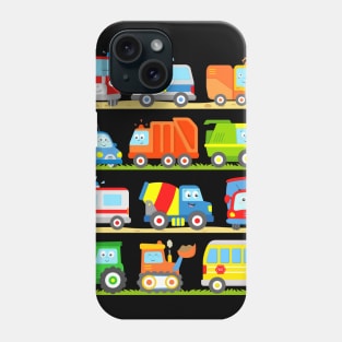 Vehicles with Tractor Digger Bus Ambulance Harvester Truck Police Car Fire Truck and Sweeper Phone Case