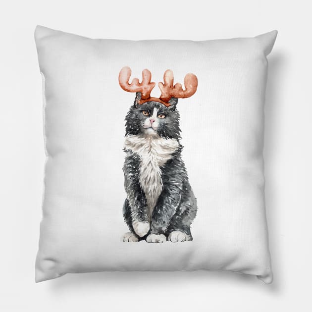 Funny Watercolor Black & White Cat with Moose Horns Pillow by labatchino