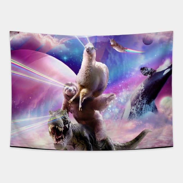 Laser Eyes Space Llama On Sloth Dinosaur - Rainbow Tapestry by Random Galaxy
