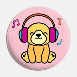 Happy smiling baby dog puppy with headphones. Kawaii cartoon Pin