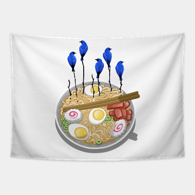 Ramen  blue birds tree Tapestry by albertocubatas