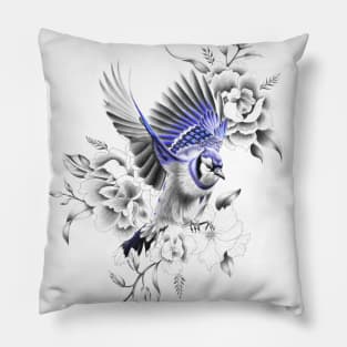 Blue Jay Flying Away with Flowers Design Pillow