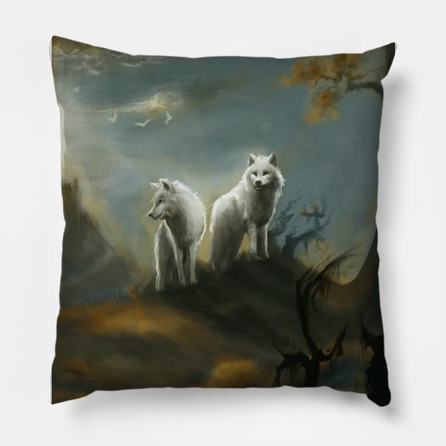 White Wolves Pillow by Artofokan