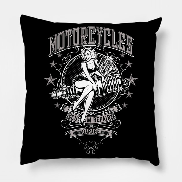 Pin-Up Motorcycle Garage Workshop Pillow by Foxxy Merch