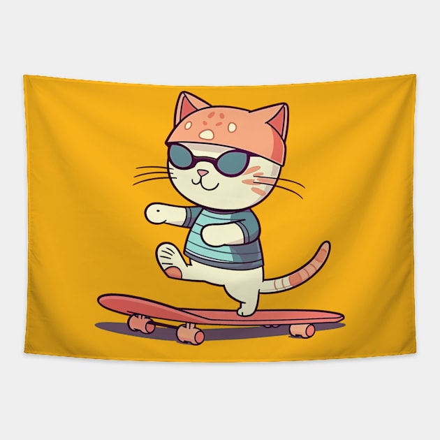 Funny cat on skateboard Tapestry by JORDYGRAPH