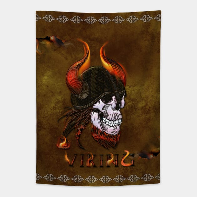 Awesome viking skull with helmet, viking ship and flame Tapestry by Nicky2342