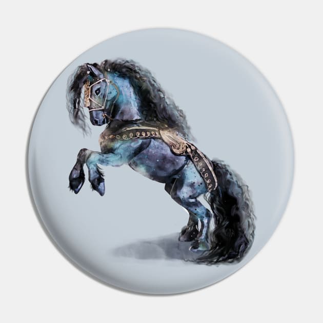 Friesian Black Stallion Horse Medieval Watercolor Pin by Bramblier