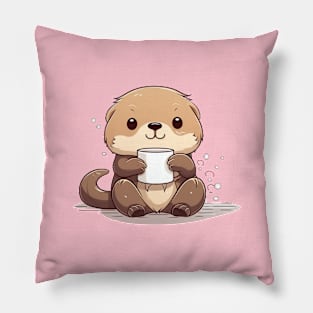 Cute Sea Otter drinking tea with a cute expression Pillow