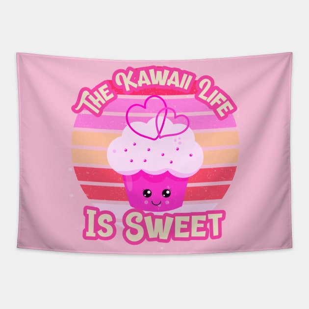 The Kawaii Life Is Sweet: Pink Cupcake With Retro Vintage Sunset Background Tapestry by ThePinkPrincessShop