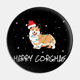 Merry Corgimas Pembroke Welsh Corgi Wearing Santa Hat Wrapped in Christmas Lights Pin