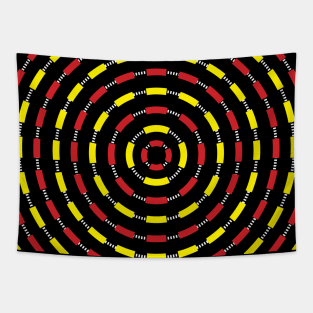 Circular Bullseye Pattern no.1 Black with Alternating Red and Yellow Dashes and White Dashed Lines Tapestry